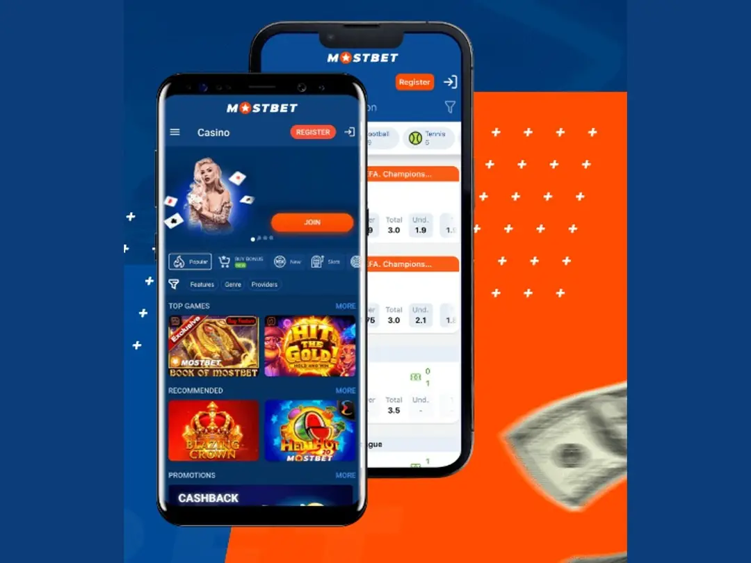 Mostbet mobile app screens on two smartphones