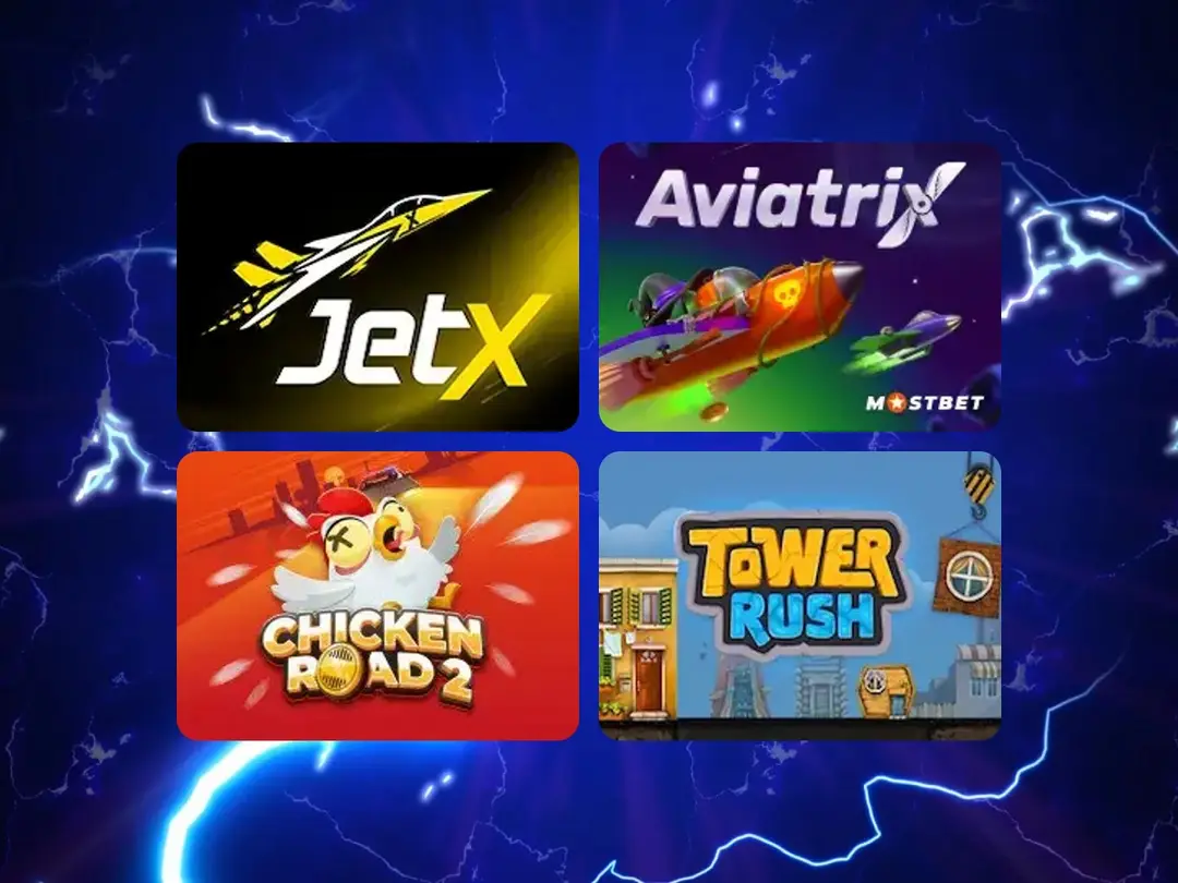 Crash game covers in the Mostbet lobby: JetX, Aviatrix, Chicken Road 2, Tower Rush